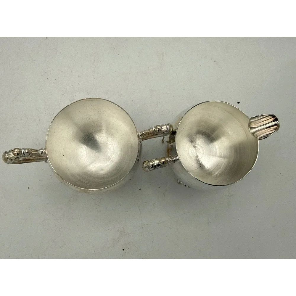 Vintage Silver Plated Creamer Open Sugar Bowl Set Ornate Scroll Handle Footed